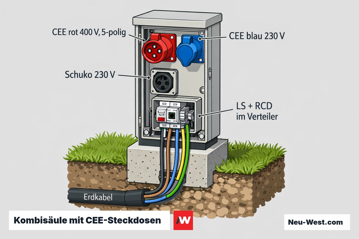 Cutaway einer Garten-Kombisäule mit roter CEE 400V, blauer CEE 230V, Schuko und internem Leitungsschutzschalter samt RCD am 5-adrigen Anschluss.