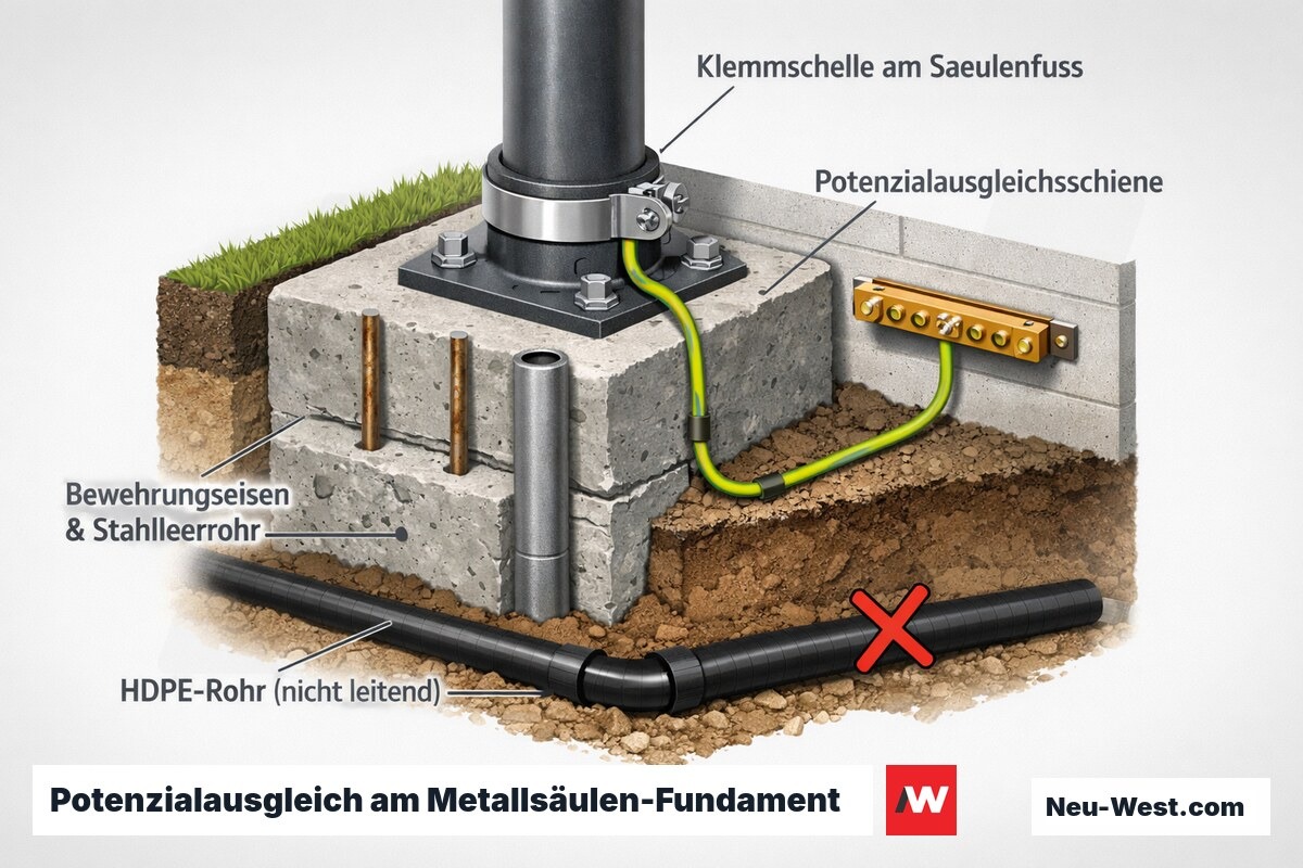 Querschnitt eines Metallsäulen-Fundaments mit Klemmschelle, grün-gelbem Leiter zur Potenzialausgleichsschiene, Bewehrungseisen und nicht leitendem HDPE-Rohr.