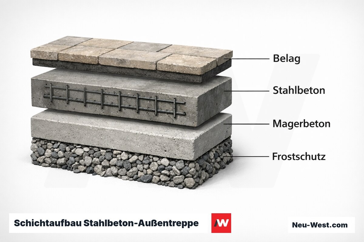 Schichtaufbau Stahlbeton-Außentreppe mit Frostschutz – Erklär-Grafik (NEUWEST Berlin)