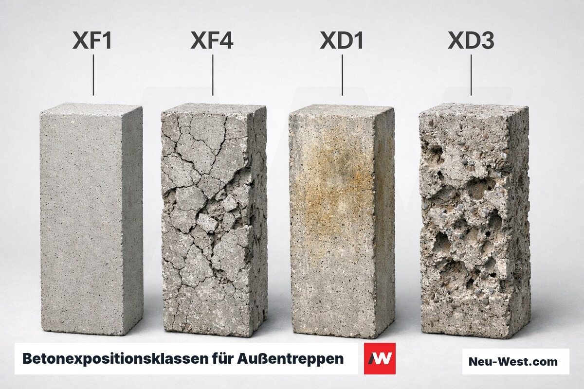 Betonexpositionsklassen für Außentreppen: XF und XD im Vergleich – Erklär-Grafik (NEUWEST Berlin)