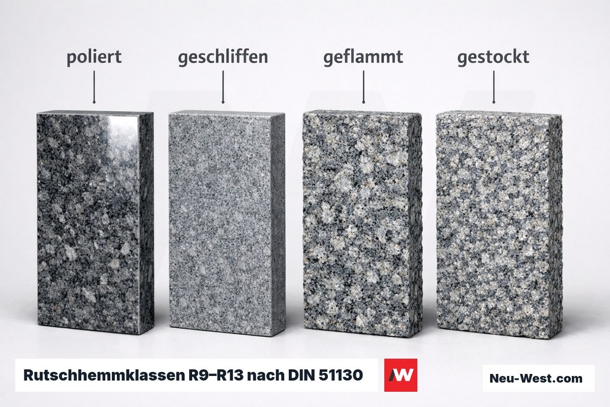 Rutschhemmklassen R9–R13 nach DIN 51130: Oberflächenbehandlungen im Vergleich – Erklär-Grafik (NEUWEST Berlin)