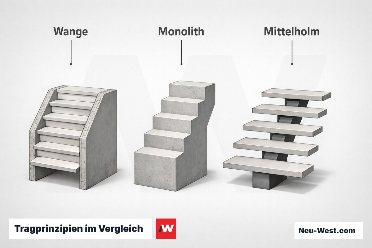 Tragprinzipien im Vergleich: Wangentragwerk, Massivmonolith, Mittelholm – Erklär-Grafik (NEUWEST Berlin)