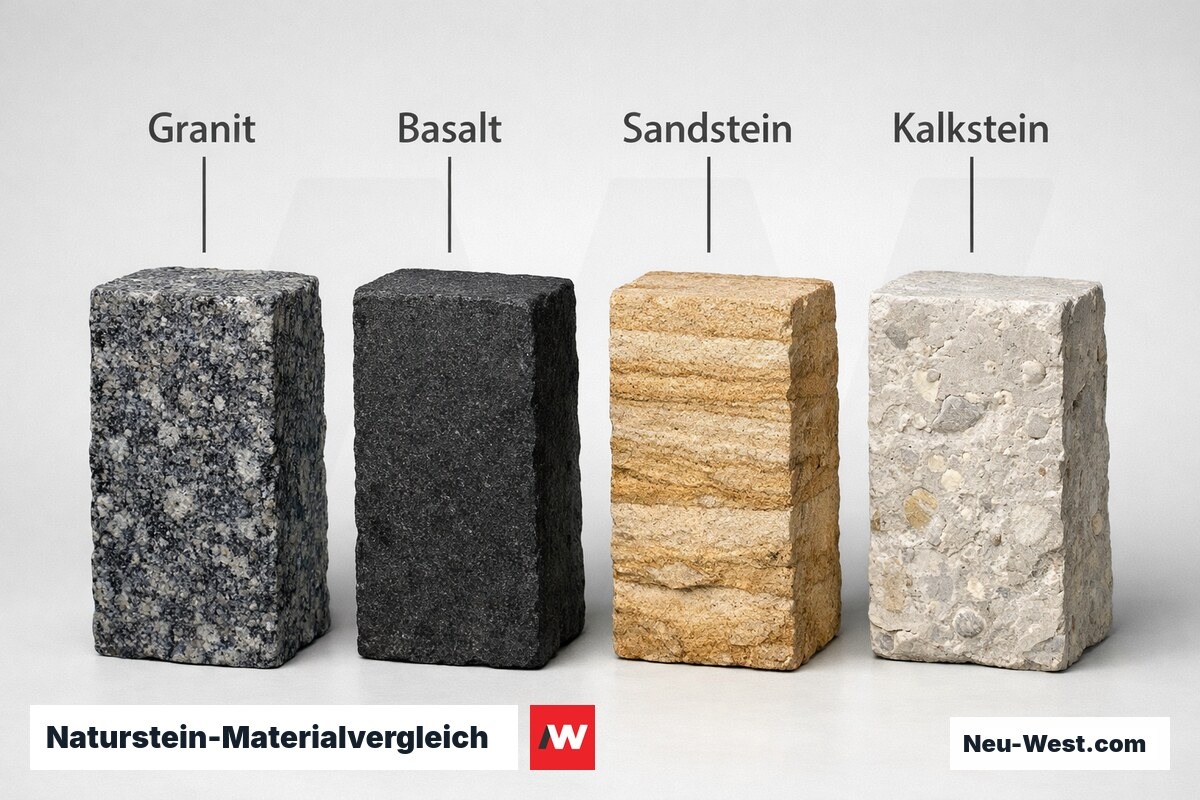 Naturstein-Materialvergleich für Außentreppen: Druckfestigkeit, Wasseraufnahme, Frostwiderstand – Erklär-Grafik (NEUWEST Berlin)