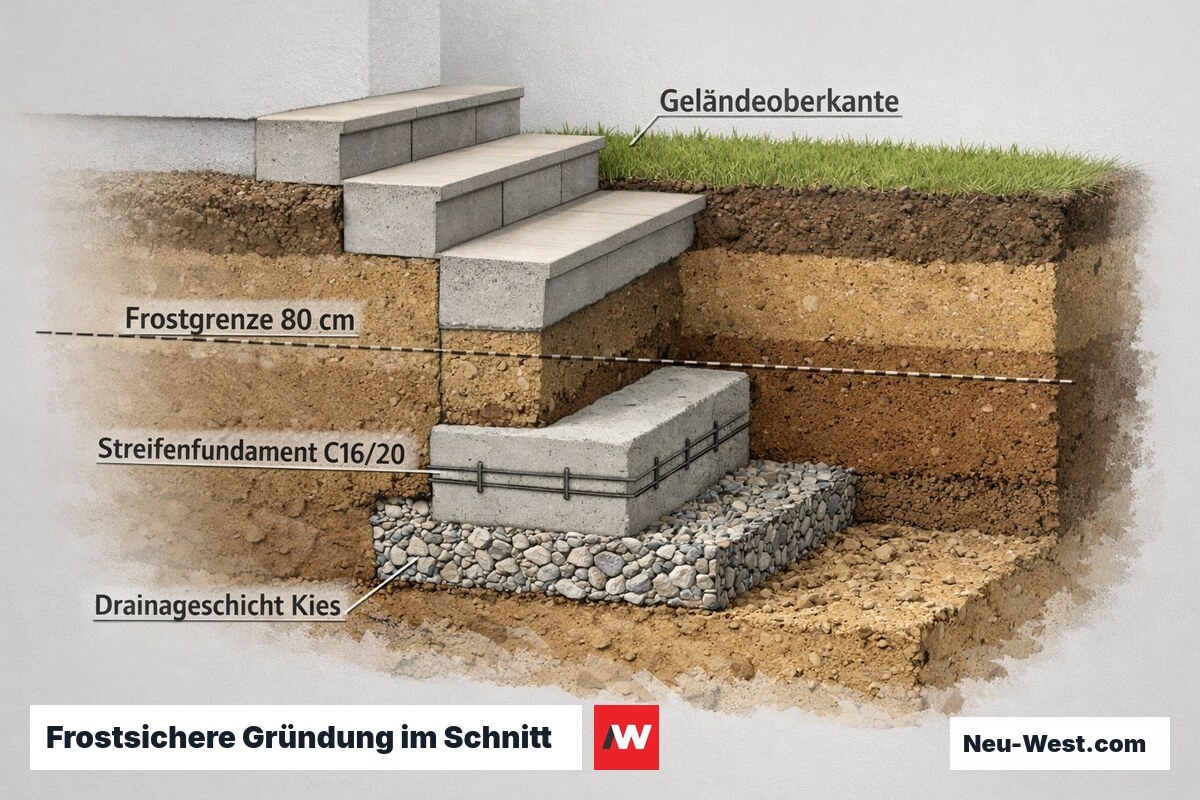 Querschnitt einer Außentreppe mit Streifenfundament unterhalb der Berliner Frostgrenze von 80 cm, Kiesdrainageschicht und Bodenaufbau