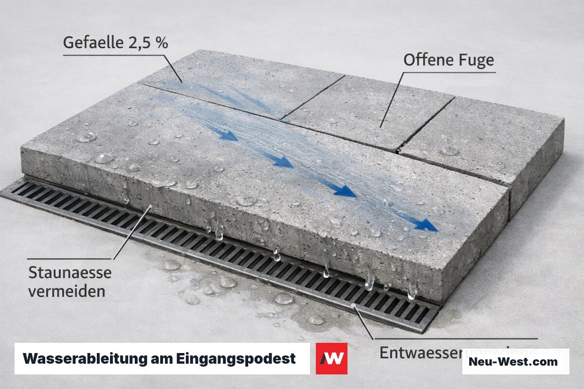 Eingangspodest mit 2,5 % Gefälle, offenen Fugen und Entwässerungsrinne zur Ableitung von Schmelz- und Regenwasser