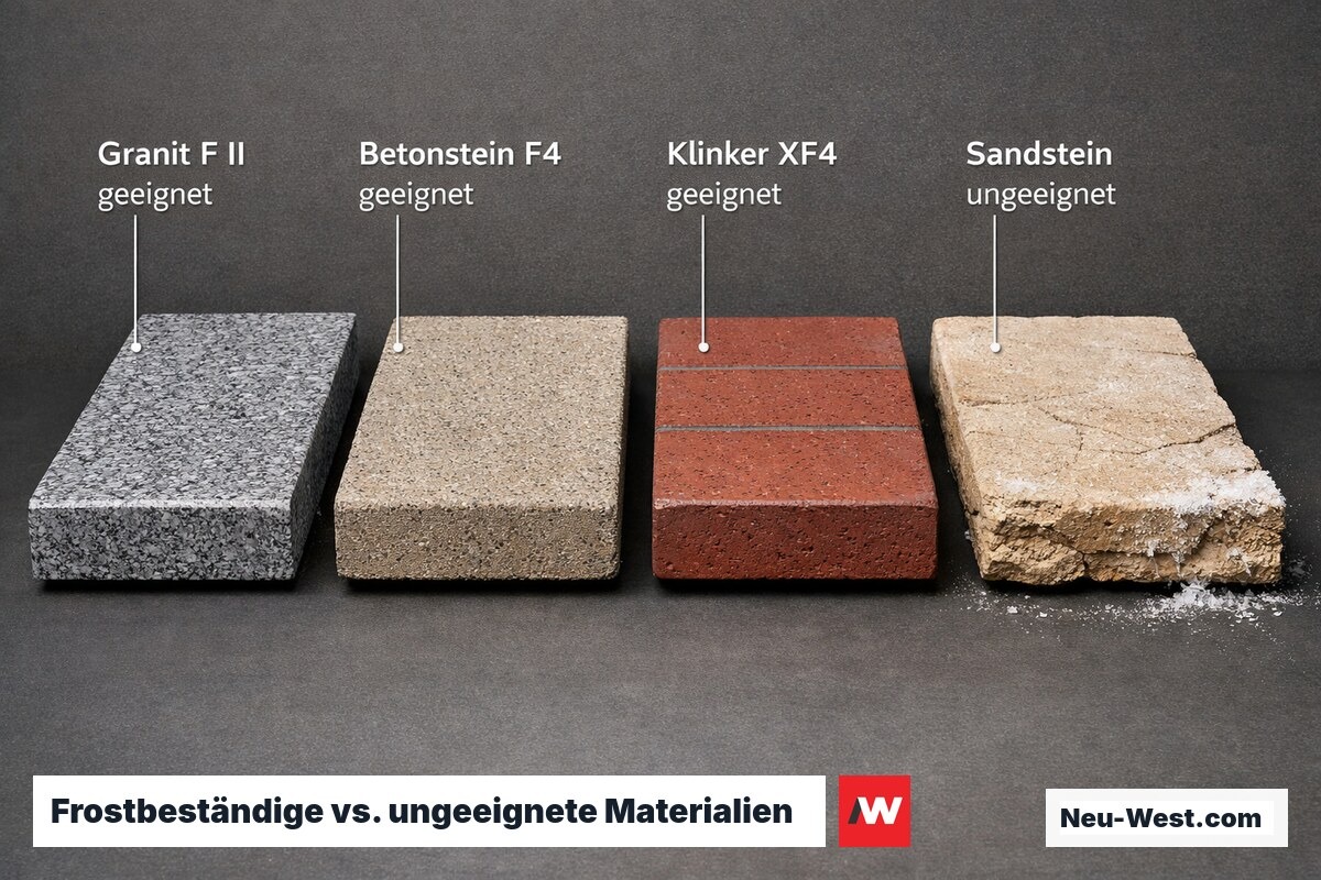 Materialvergleich vier Treppenbeläge: Granit, Betonstein und Klinker als geeignet, Sandstein mit Frostschäden als ungeeignet für Außenbereiche