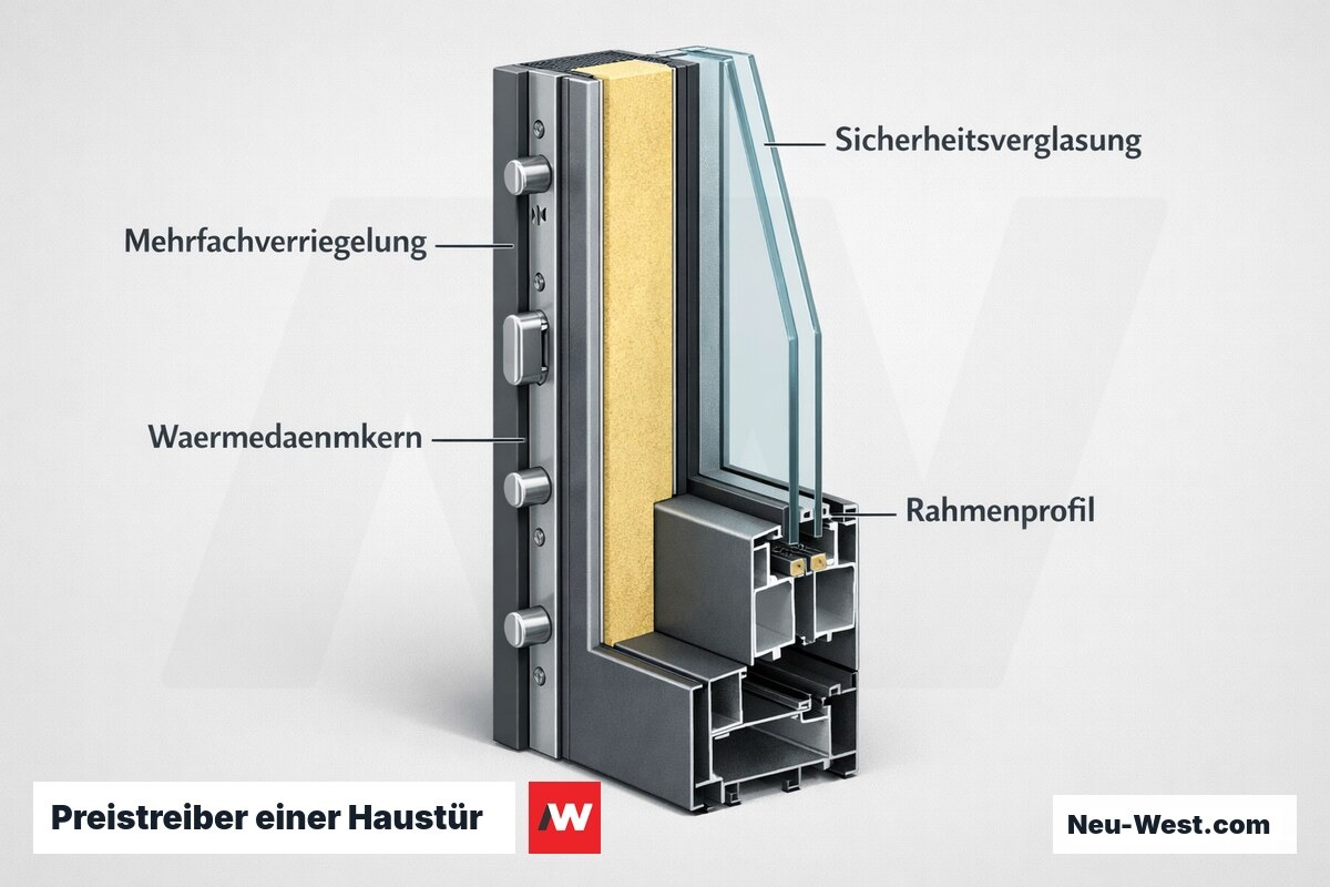 Cutaway-Detail einer Haustür mit Mehrfachverriegelung, Dämmkern, Sicherheitsglas und Rahmen als preisbestimmende Bauteile