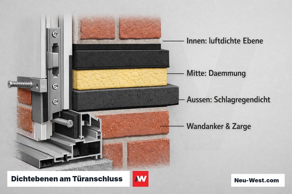 Querschnitt durch den Anschluss einer Außentür an die Wand mit den drei Dichtebenen innen, Dämmung und außen sowie Wandanker.