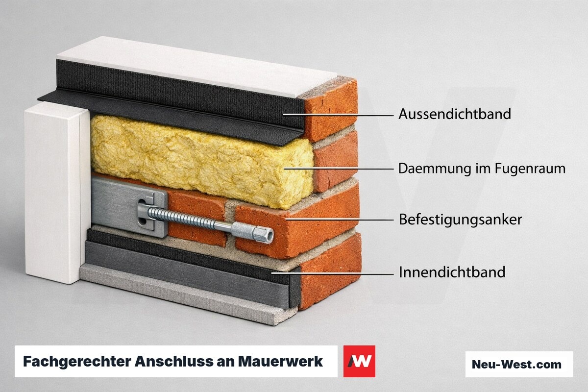 Schichtaufbau des dichten Einbaufuge zwischen Türrahmen und Mauerwerk mit Außendichtband, Dämmung, Befestigungsanker und Innendichtband
