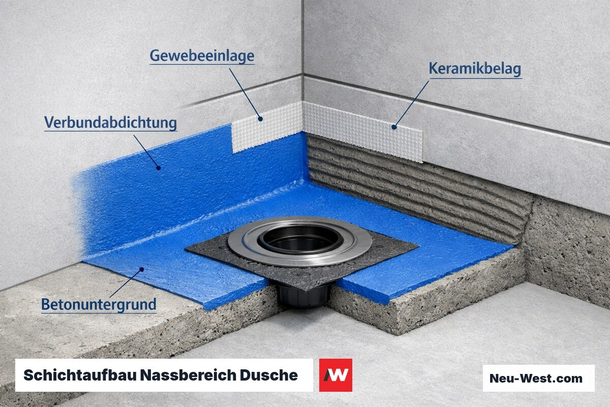 Querschnitt eines Duschbodens zeigt alle Schichten von Betonuntergrund über Abdichtung bis Fliese mit Gewebeeinlage an der Wandanschlusskante