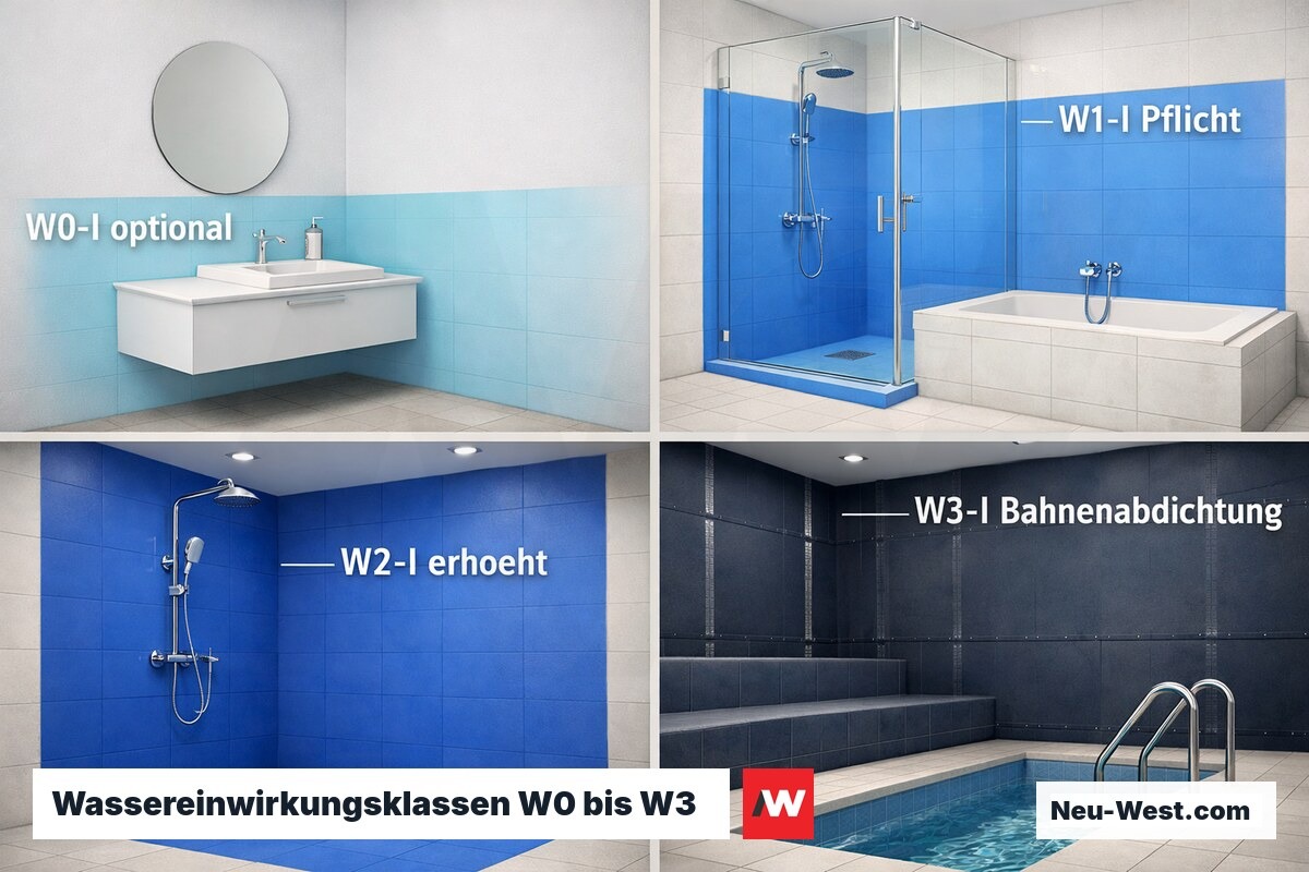 Badezimmer-Innenansicht zeigt vier farbcodierte Zonen der DIN-18534-Beanspruchungsklassen von geringer bis sehr hoher Wassereinwirkung