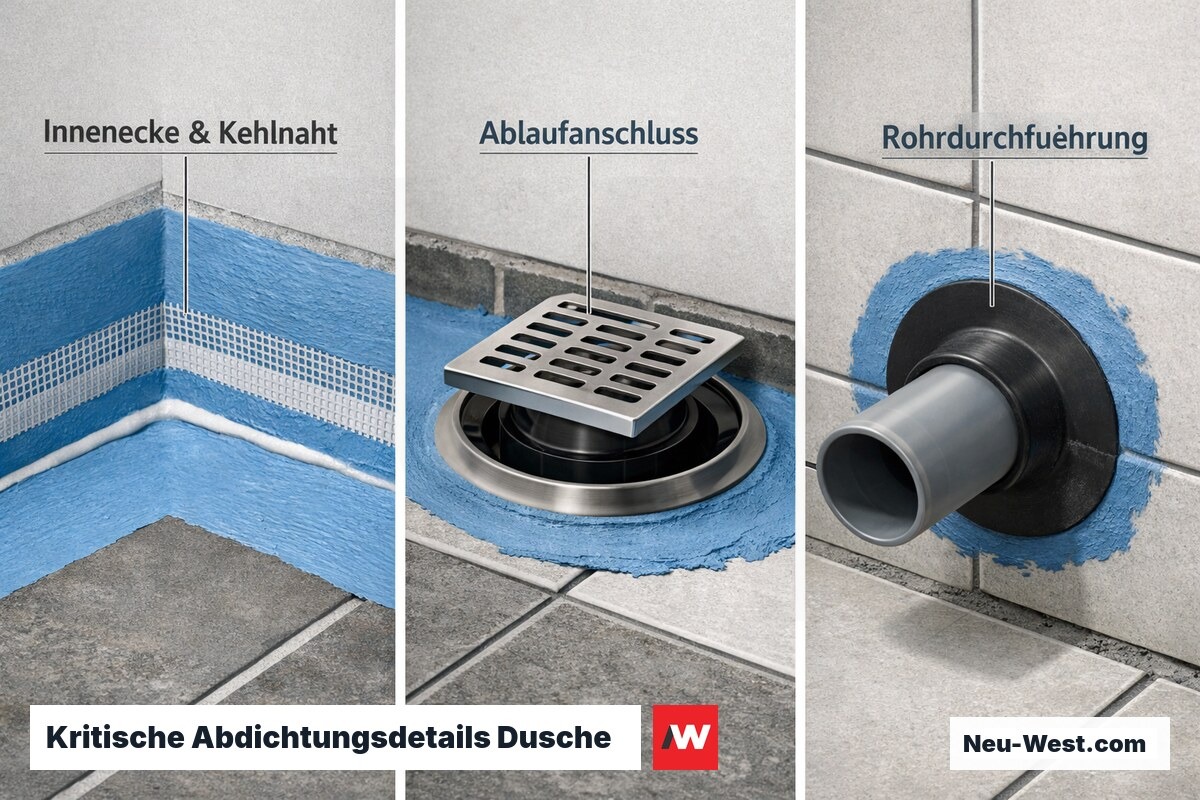 Drei Detailansichten zeigen fachgerechte Abdichtung an Innenecke, Bodenablauf und Rohrdurchführung im Nassbereich nach DIN 18534