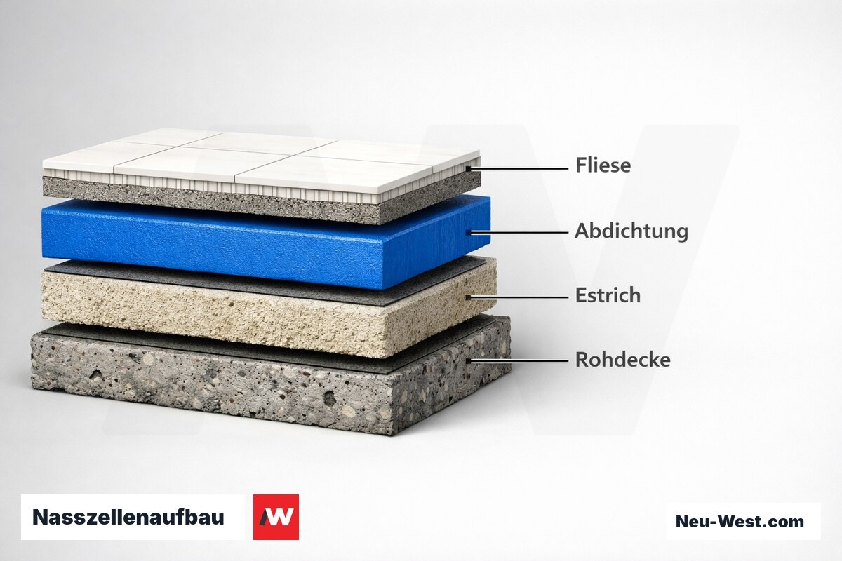 Nasszellenaufbau: Schichten und Eigengewicht – Erklär-Grafik (NEUWEST Berlin)