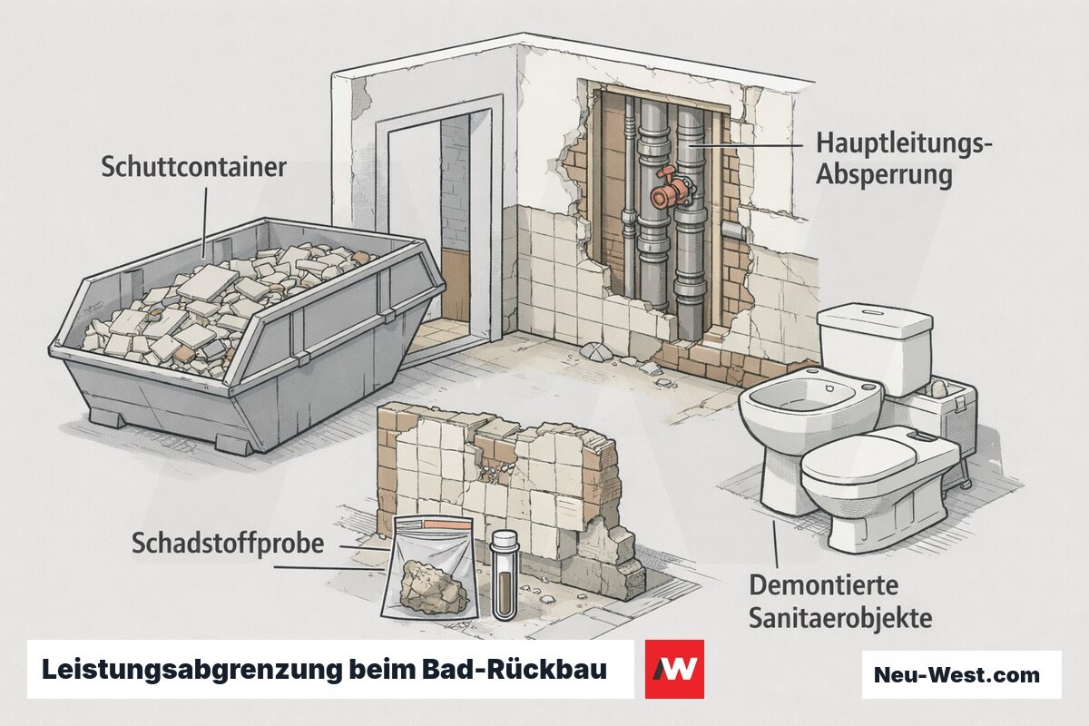 Cutaway-Grafik eines Bad-Rückbaus mit Schuttcontainer, Schadstoffprobe, abgesperrter Hauptleitung und demontierten Sanitärobjekten als abgegrenzte Leistungen.