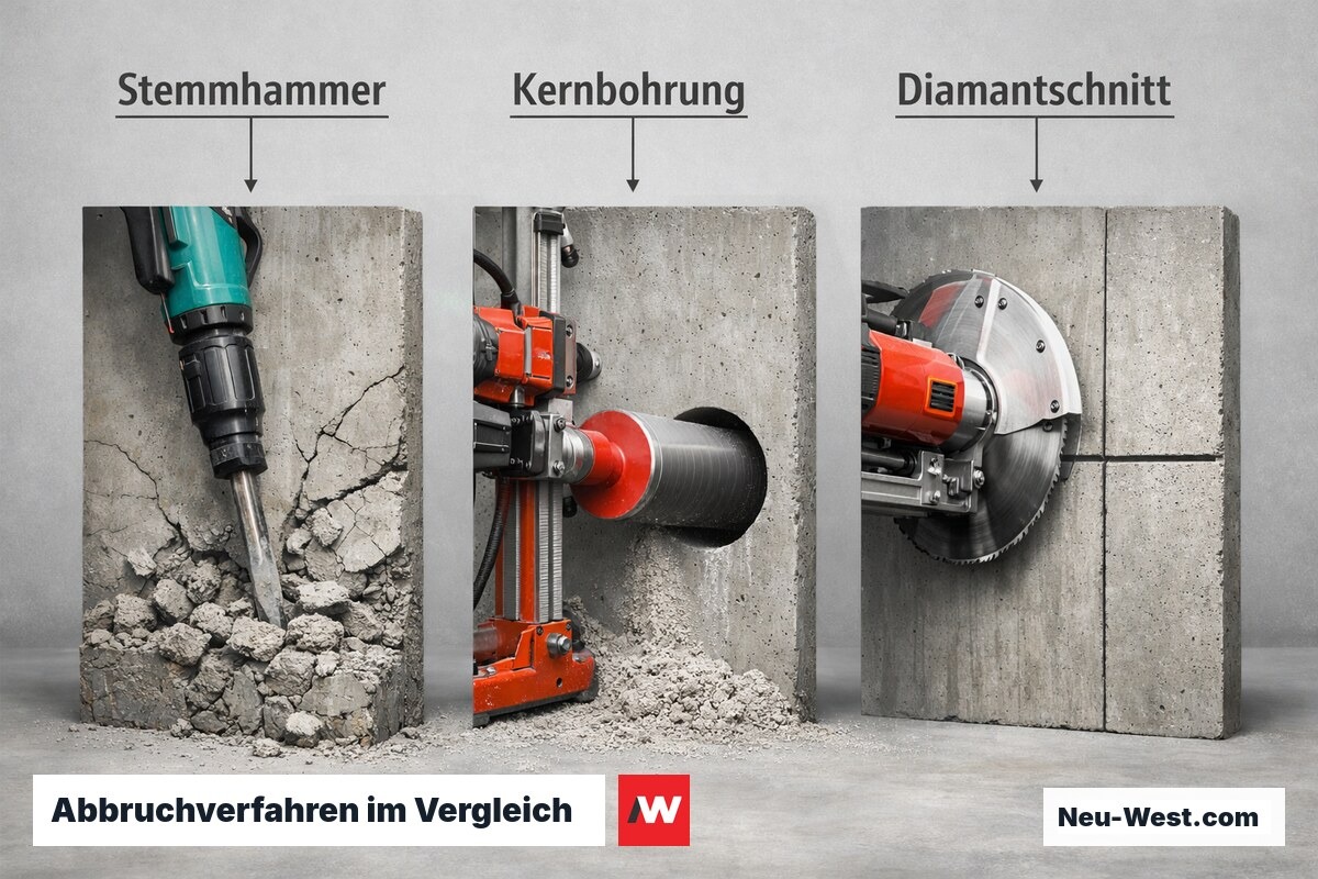 Abbruchverfahren im Vergleich: Stemmhammer, Kernbohrung, Diamantschnitt – Erklär-Grafik (NEUWEST Berlin)