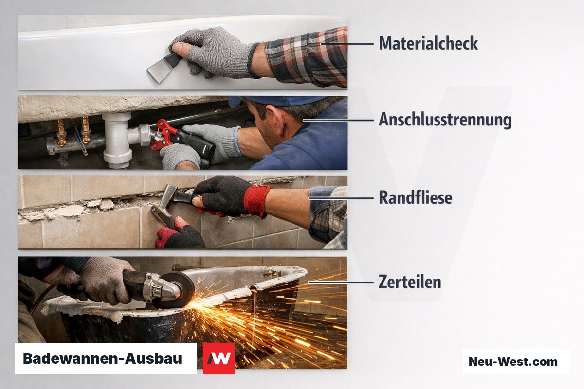 Badewannen-Ausbau: Vier kritische Arbeitsschritte – Erklär-Grafik (NEUWEST Berlin)