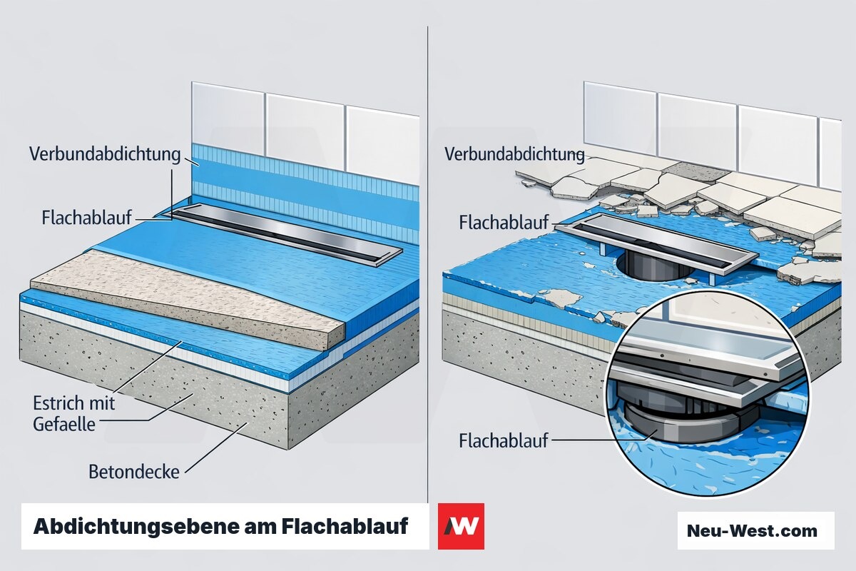 Querschnitt einer bodengleichen Dusche, der zeigt wie der Flachablauf die Verbundabdichtung über der Betondecke beim Rückbau verdeckt.