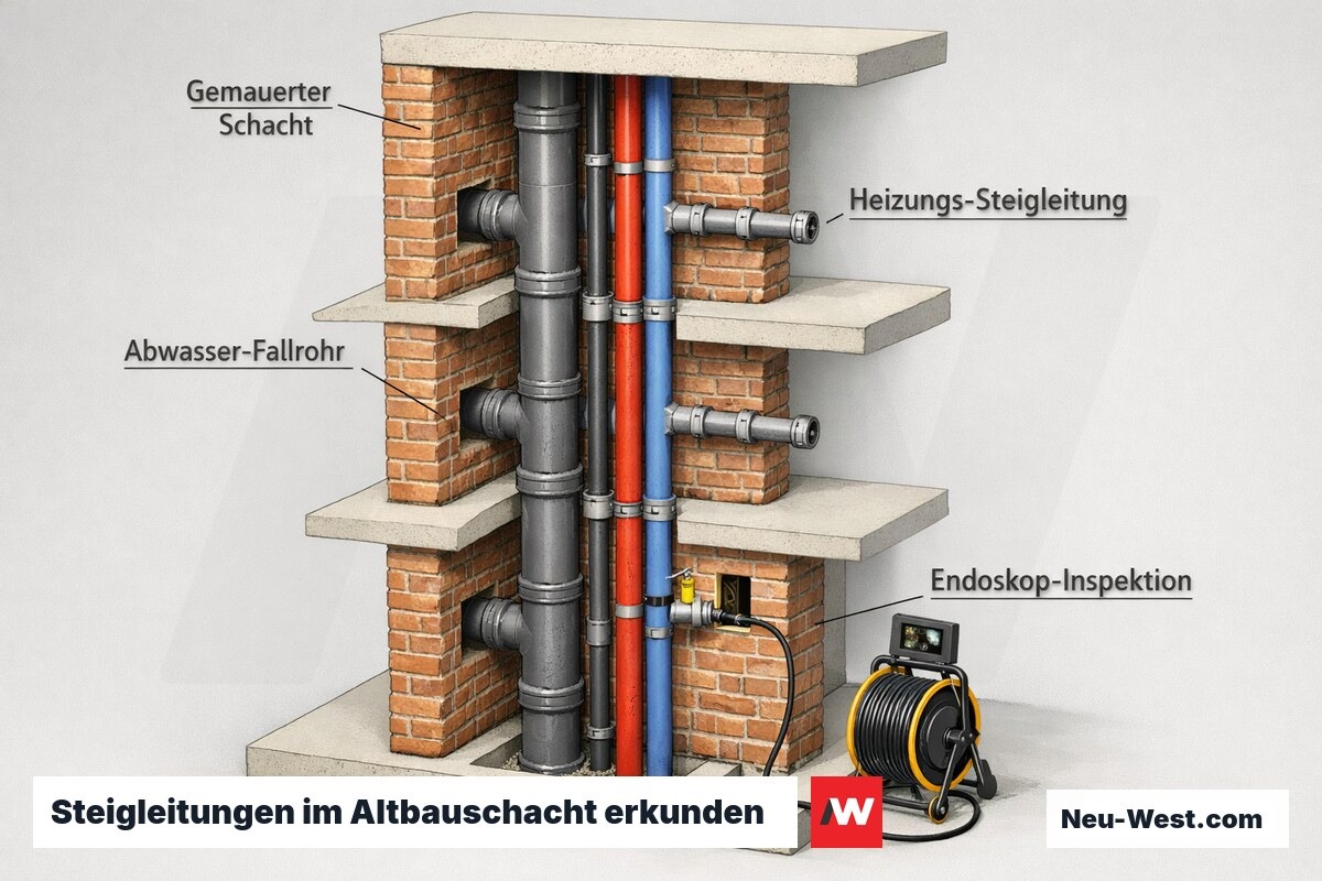 Querschnitt eines gemauerten Altbauschachts mit etagenübergreifenden Abwasser- und Heizungssteigleitungen und Endoskop-Inspektion vor dem Rückbau.