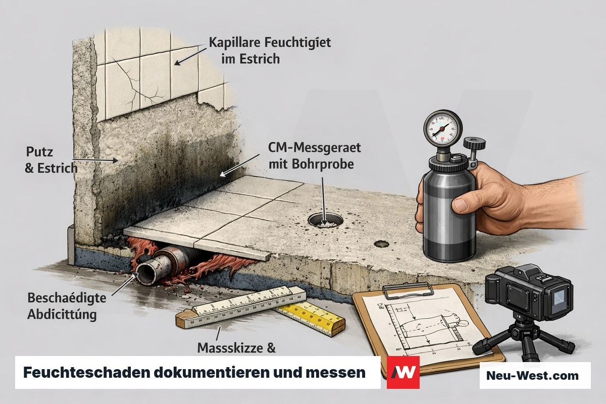 Querschnitt eines Altbads mit Feuchtigkeitsschaden im Estrich, beschädigter Abdichtung, CM-Messgerät und Fotodokumentation mit Maßskizze.