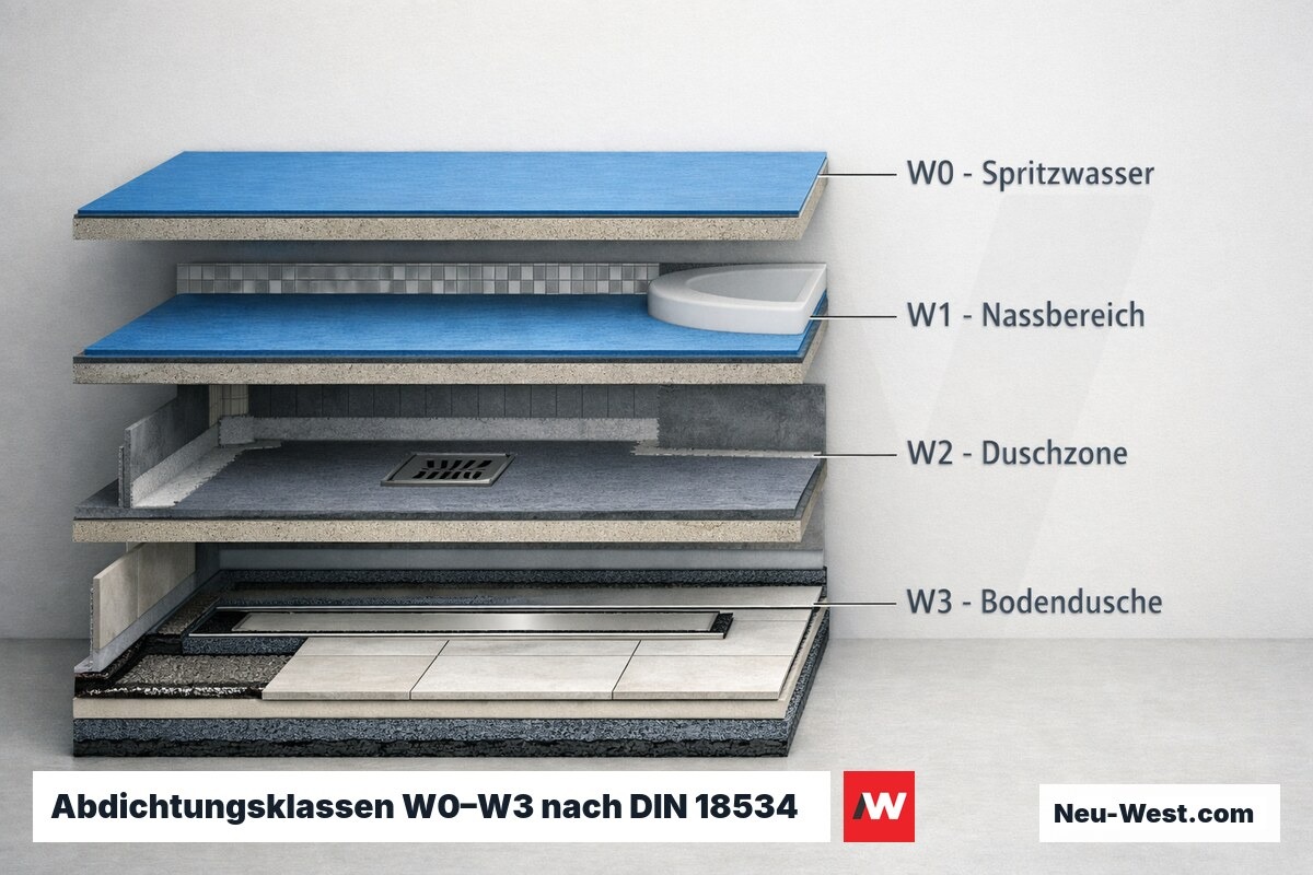 Abdichtungsklassen W0–W3 nach DIN 18534 – Erklär-Grafik (NEUWEST Berlin)