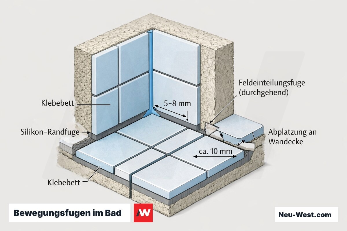 Querschnitt einer Fliesen-Wandecke mit elastischer Silikon-Randfuge, durchgehender Feldeinteilungsfuge durch Fliese und Klebebett sowie Abplatzung bei starrer Zementfuge.