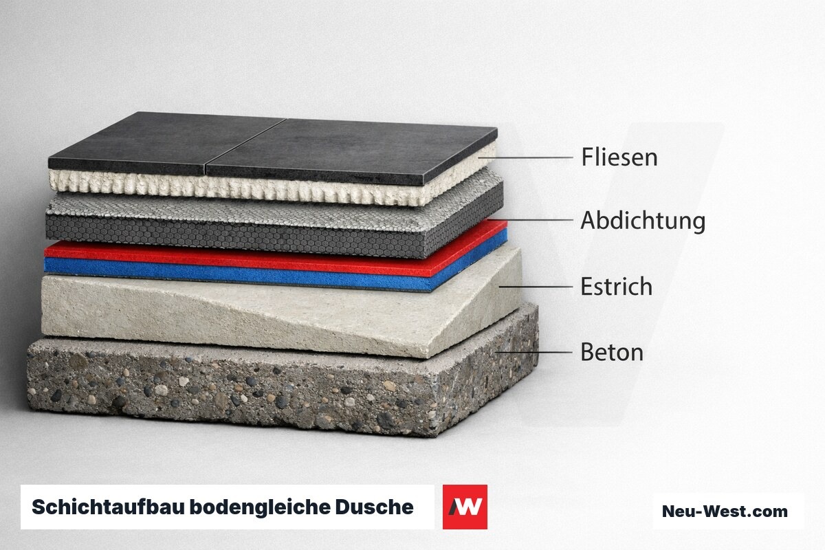 Schichtaufbau bodengleiche Dusche – Querschnitt mit Richtwerten – Erklär-Grafik (NEUWEST Berlin)