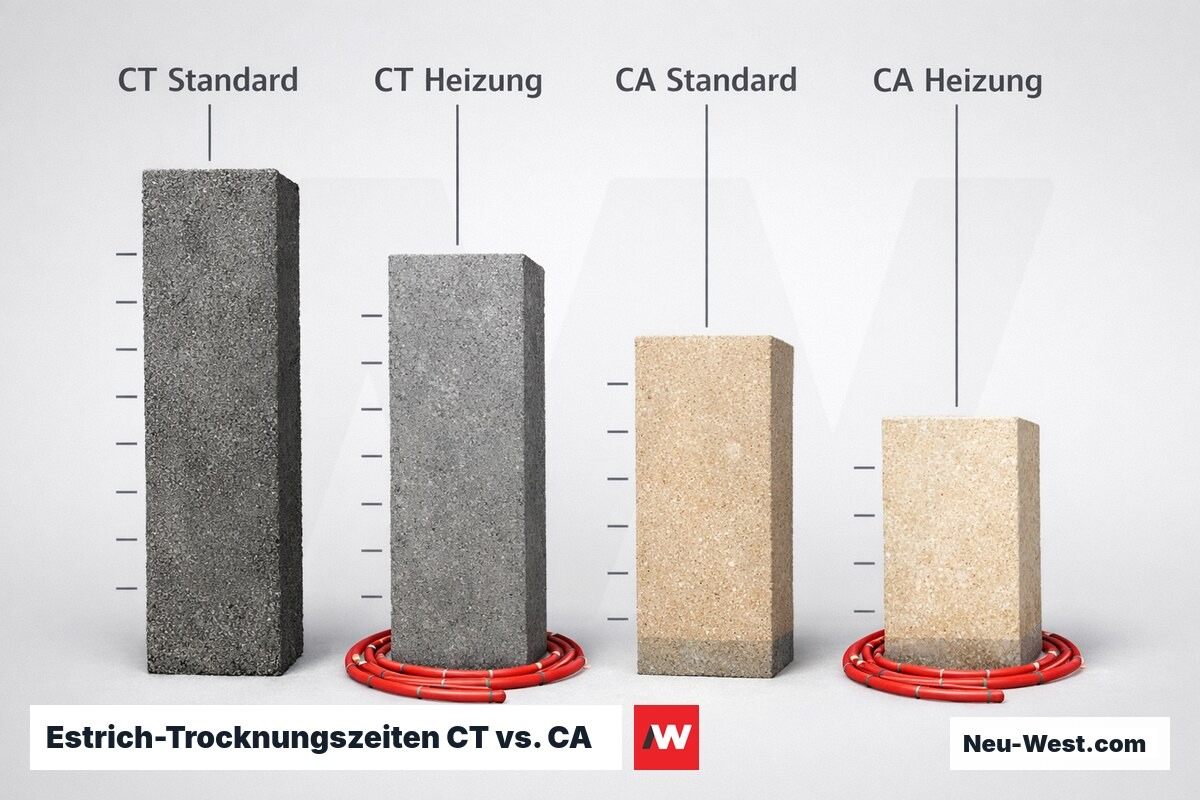Estrich-Trocknungszeiten CT vs. CA im Vergleich – Erklär-Grafik (NEUWEST Berlin)
