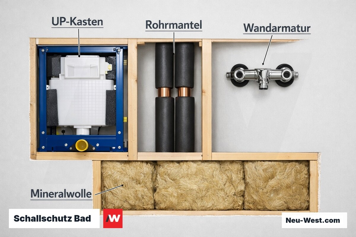 Schallschutz Bad – Installationswand im Detail (DIN 4109 / VDI 4100) – Erklär-Grafik (NEUWEST Berlin)