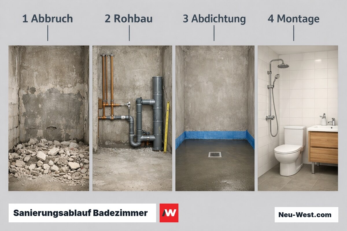 Sanierungsablauf Badezimmer – kritischer Pfad mit Wartezeiten – Erklär-Grafik (NEUWEST Berlin)