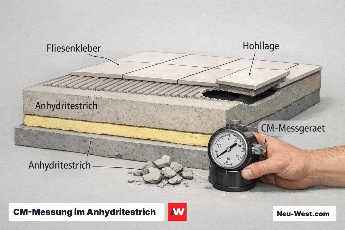 Querschnitt einer Badsanierung: CM-Messung im Anhydritestrich vor dem Fliesen, mit Fliesenkleber und Hohllage bei zu hoher Restfeuchte.