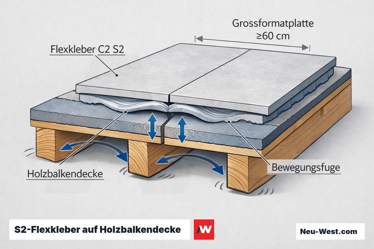 Cutaway einer schwingenden Holzbalkendecke: Großformatplatte über Bewegungsfuge, flexibler C2-S2-Dünnbettmörtel überbrückt Bewegung rissfrei.
