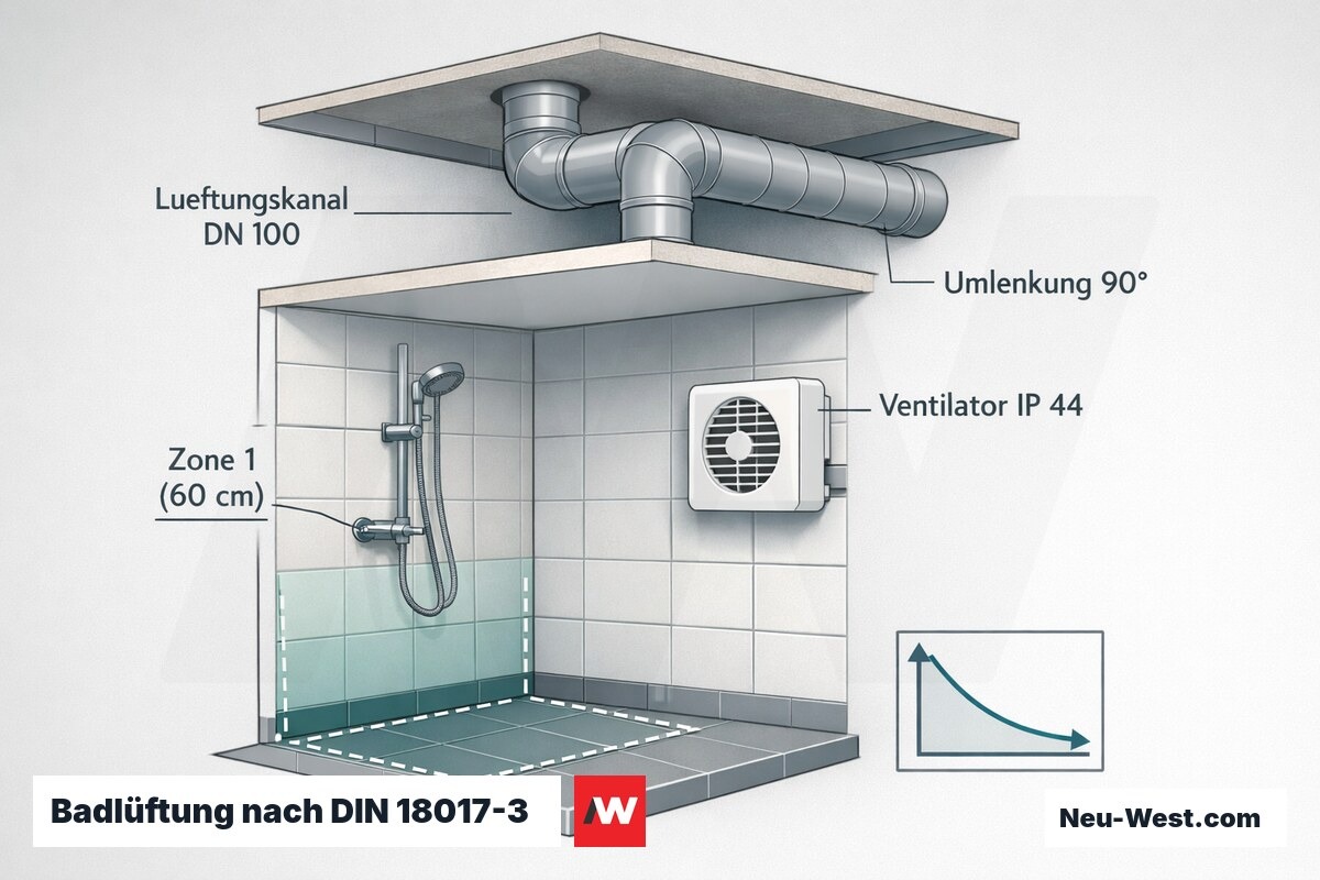 Querschnitt eines innenliegenden Bades mit Lüftungskanal DN 100, IP-44-Ventilator, 90-Grad-Umlenkungen und Zone-1-Bereich um die Dusche.