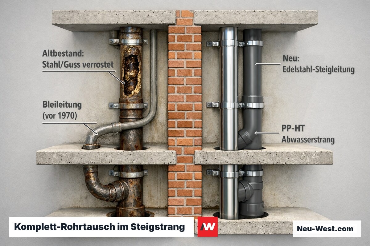 Cutaway-Schnitt eines Altbau-Steigstrangs: verrostete Stahl-, Guss- und Bleileitungen gegenueber neuen Edelstahl- und PP-HT-Rohren im selben Schacht.