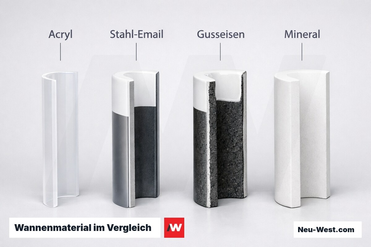 Wannenmaterial im Vergleich: Eigengewicht, Wanddicke, Nutzungsdauer – Erklär-Grafik (NEUWEST Berlin)
