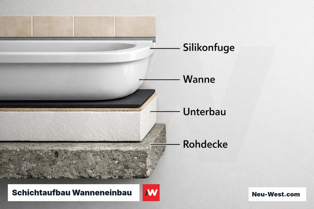 Schichtaufbau Wanneneinbau: Rohdecke bis Silikonfuge – Erklär-Grafik (NEUWEST Berlin)