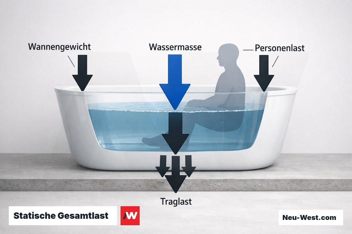 Statische Gesamtlast: Wanne + Wasser + Person auf der Geschossdecke – Erklär-Grafik (NEUWEST Berlin)