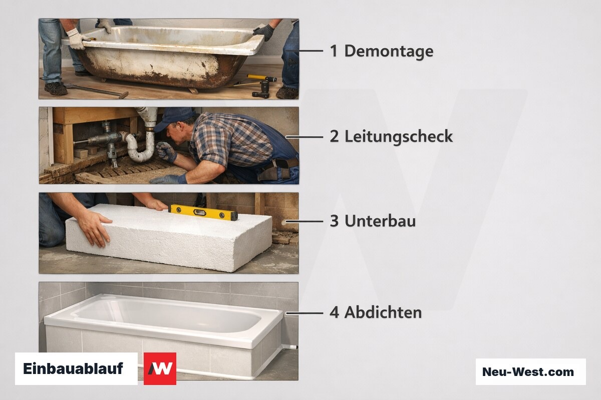 Einbauablauf: Von der Demontage bis zur Abdichtung – Erklär-Grafik (NEUWEST Berlin)
