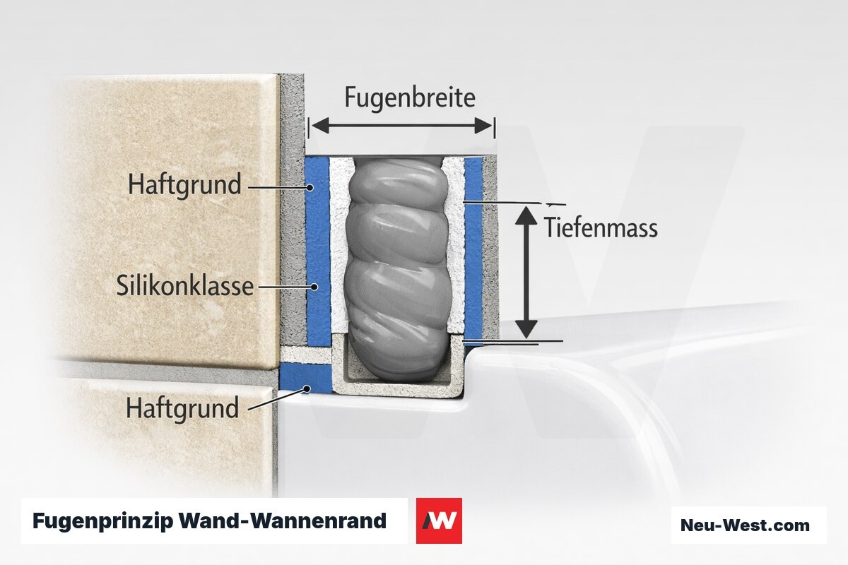 Fugenprinzip Wand-Wannenrand: Bewegungsfuge nach ISO 11600 – Erklär-Grafik (NEUWEST Berlin)