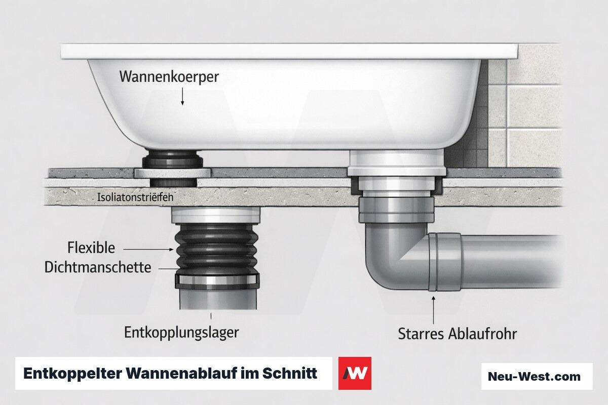 Schnittzeichnung eines Wannenablaufs: flexible Dichtmanschette entkoppelt den Wannenkörper vom starren Ablaufrohr und verhindert Körperschallbrücken.