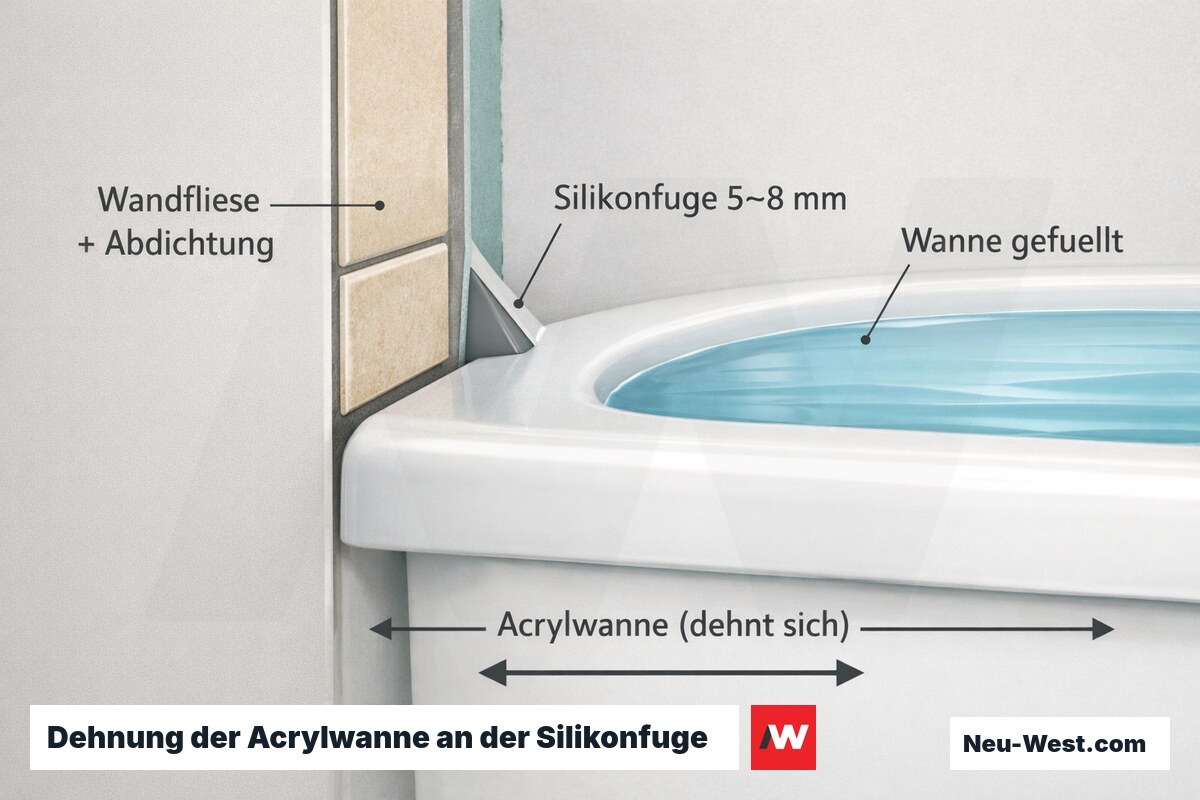 Querschnitt Wand–Wanne: Acrylwanne dehnt sich, breite flexible Silikonfuge zwischen gefüllter Wanne und Wandfliese fängt Bewegung auf.