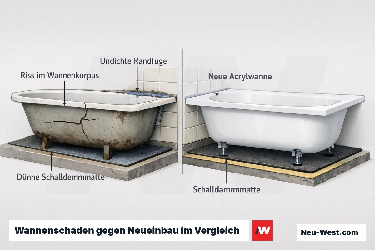 Querschnitt-Vergleich: gerissene undichte Gusseisenwanne links, neue Acrylwanne mit Schalldämmung und Stellfüßen rechts.