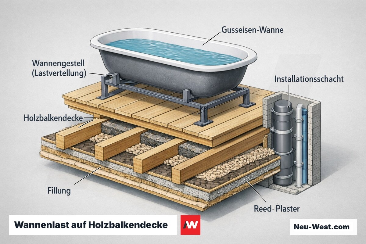 Querschnitt: Gusseisen-Wanne auf Lastverteilungs-Gestell ueber mehrere Holzbalken einer Altbaudecke, daneben Installationsschacht mit Leitungen.