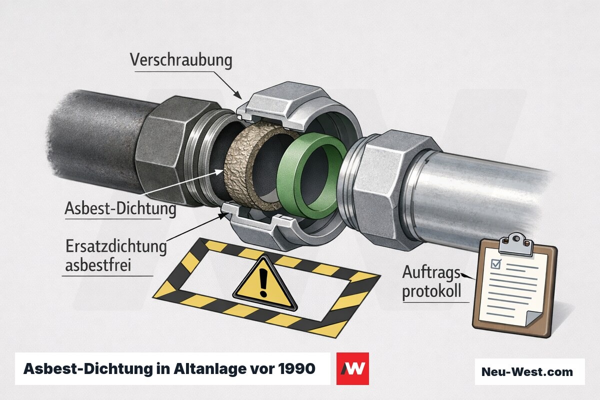 Cutaway einer geoeffneten Rohr-Verschraubung in Altanlage mit asbesthaltiger Flachdichtung, asbestfreier Ersatzdichtung und Auftragsprotokoll-Hinweis.