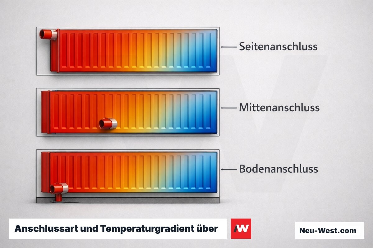 Anschlussart und Temperaturgradient über die Heizkörperhöhe – Erklär-Grafik (NEUWEST Berlin)