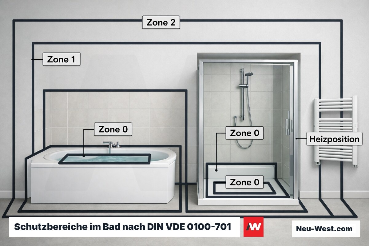 Schutzbereiche im Bad nach DIN VDE 0100-701: Heizkörperposition – Erklär-Grafik (NEUWEST Berlin)
