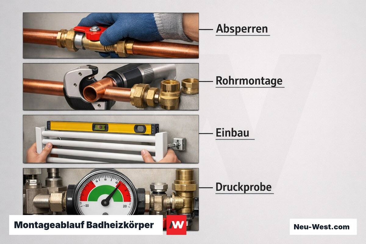 Montageablauf Badheizkörper: Vier kritische Phasen – Erklär-Grafik (NEUWEST Berlin)