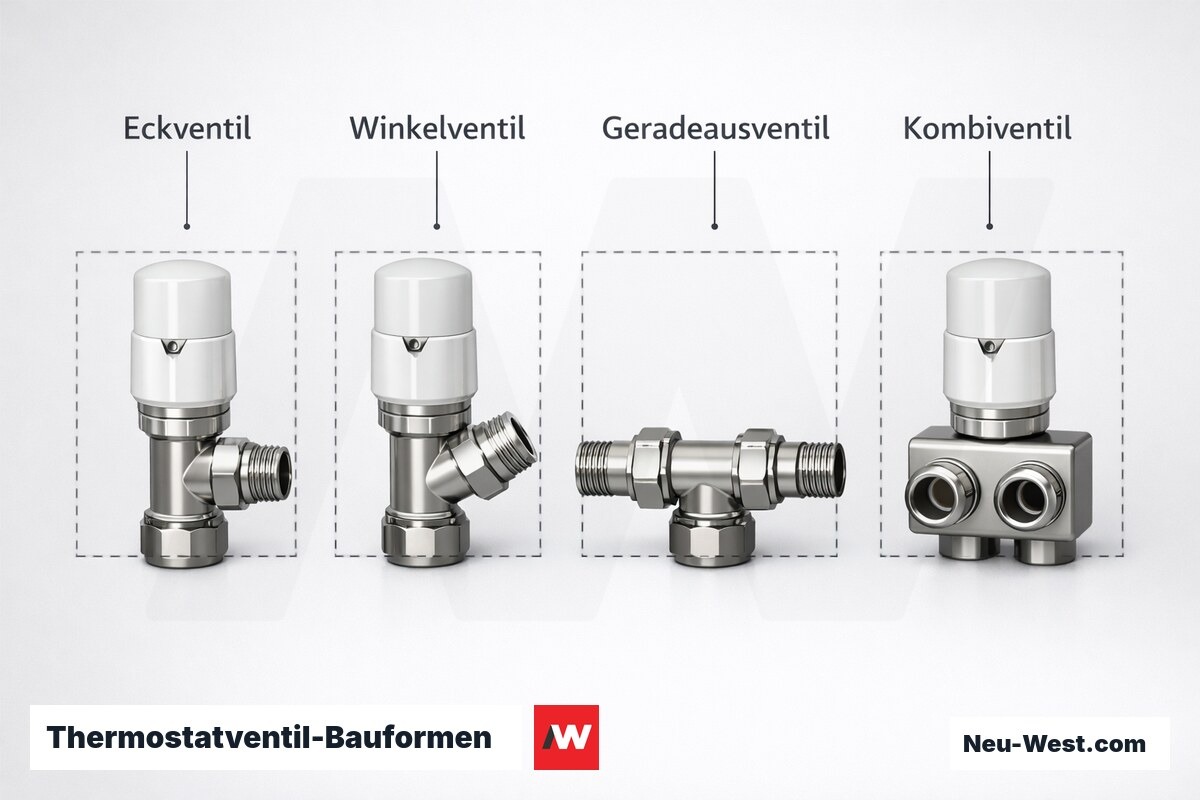 Thermostatventil-Bauformen: Einbaurichtung und Mindestplatzbedarf – Erklär-Grafik (NEUWEST Berlin)