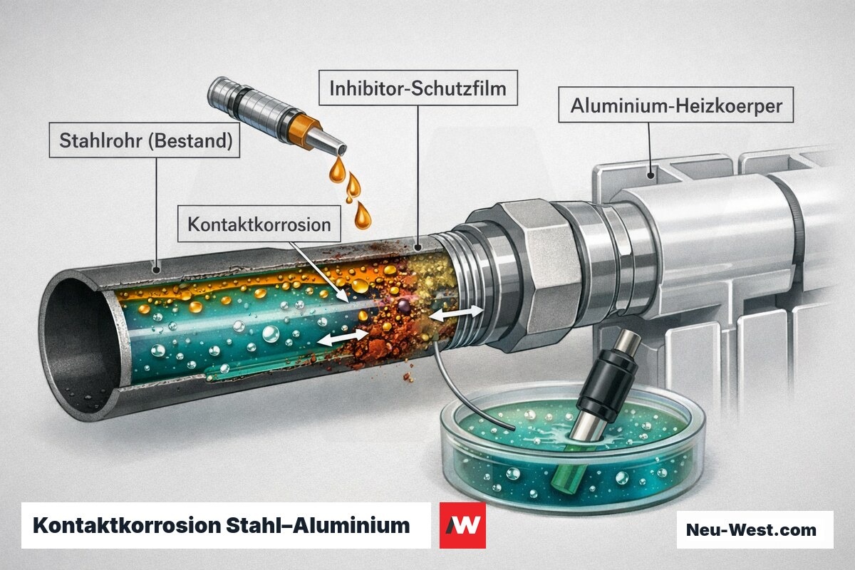 Querschnitt der Verbindung von Stahlrohr und Aluminium-Badheizkörper mit Kontaktkorrosion, Heizwasser und Inhibitor-Schutzfilm.