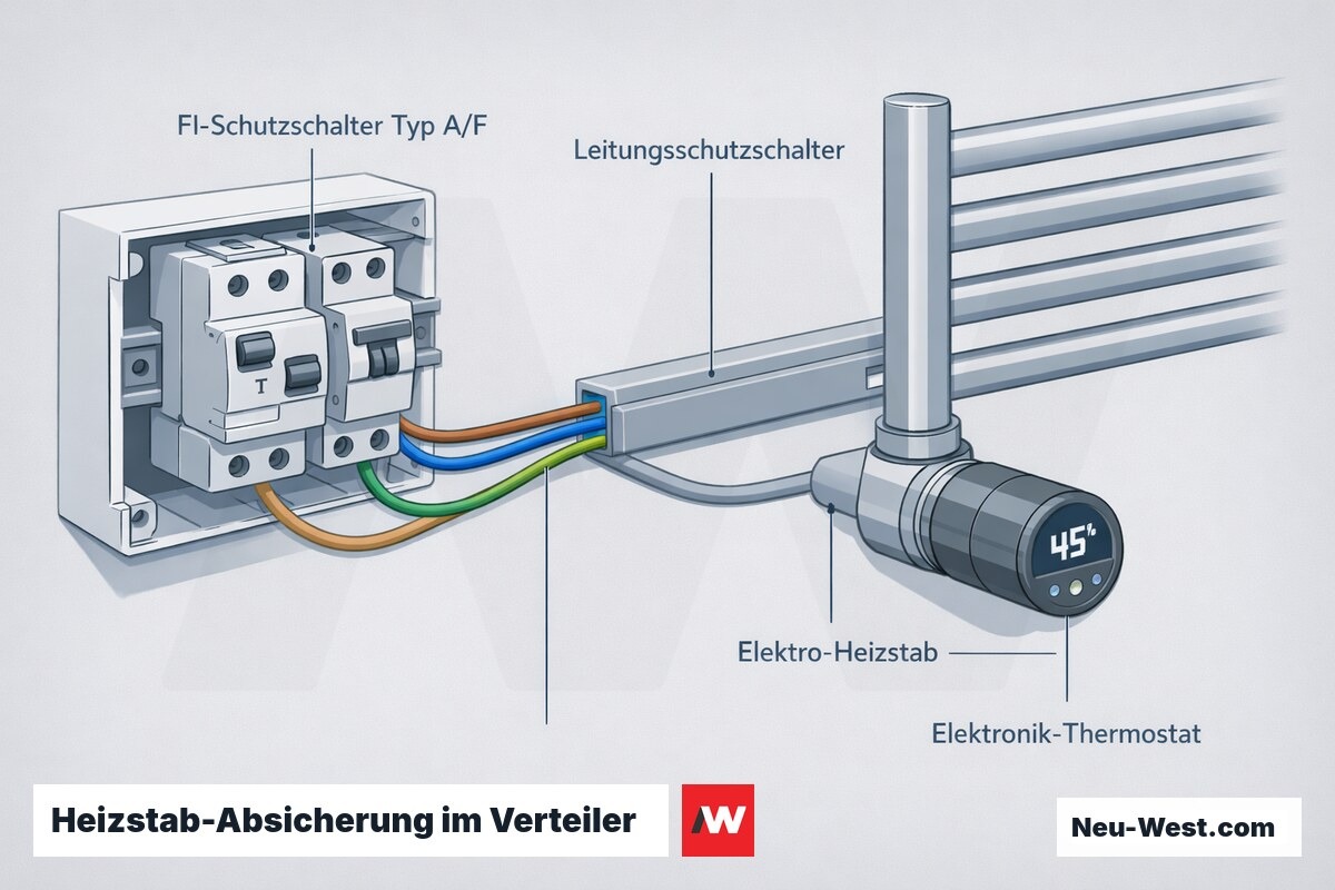Schema: Elektrischer Heizstab abgesichert ueber FI-Schutzschalter und Leitungsschutzschalter im Verteiler, mit Elektronik-Thermostat am Heizstab.