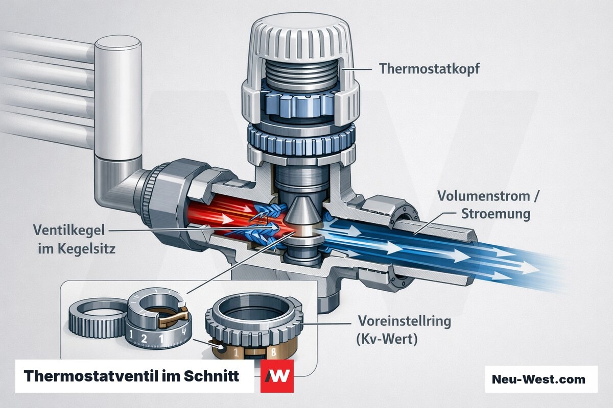 Schnittzeichnung eines Thermostatventils mit Ventilkegel, Kegelsitz, Voreinstellring und Strömungspfeilen zur Erklärung von Pfeifgeräuschen und Kv-Wert.